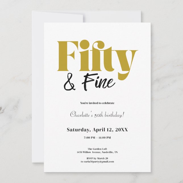 Convite Minimalist Fifty & Fine 50th Birthday (Frente)