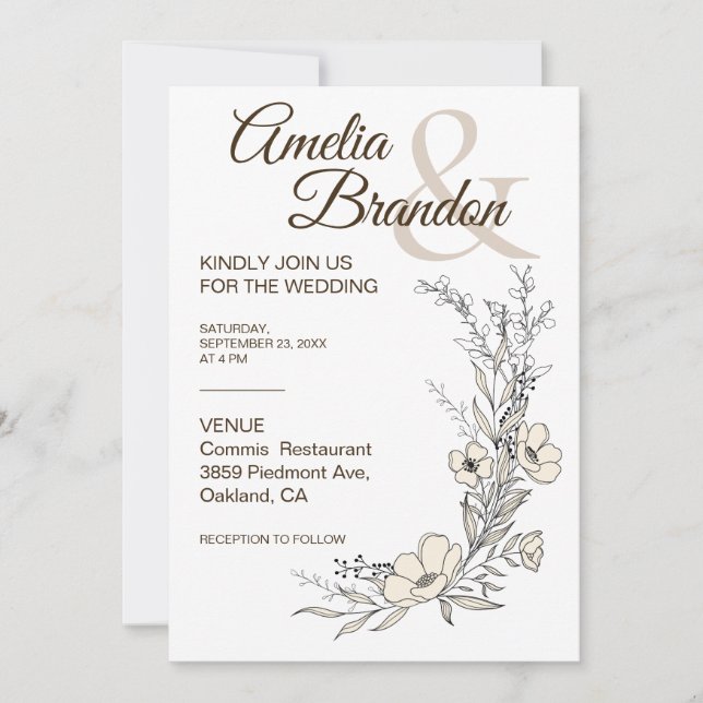 Convite Minimalist Floral Line Art Wedding Invitation (Frente)