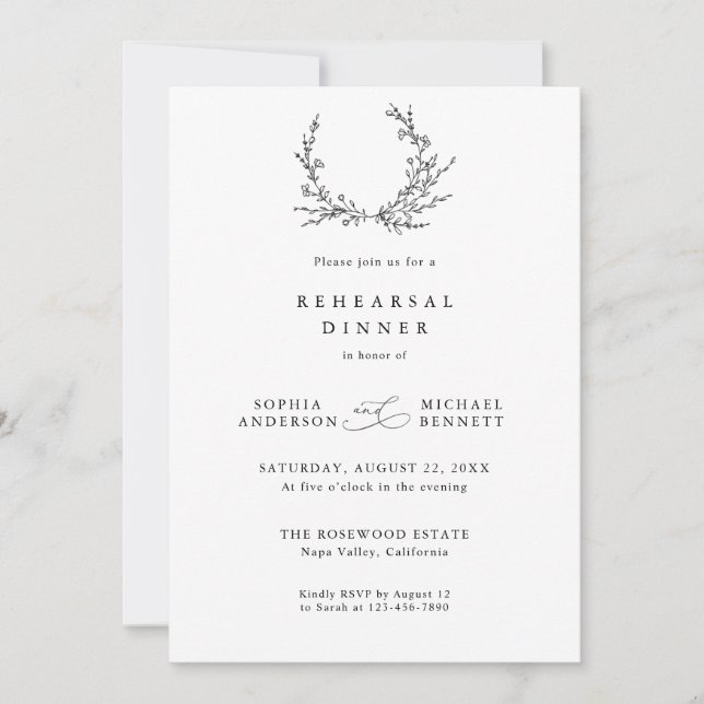 Convite Minimalist Floral Line Art Wedding Rehearsal   (Frente)