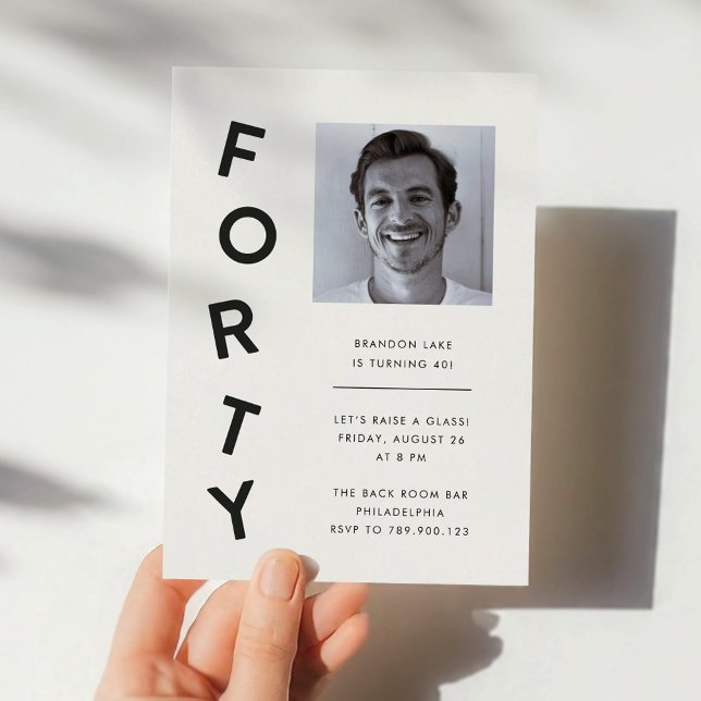 Convite Minimalist Forty Black + White 40th Birthday Party (minimalist, modern, black-and-white 40th birthday party invitation for men)