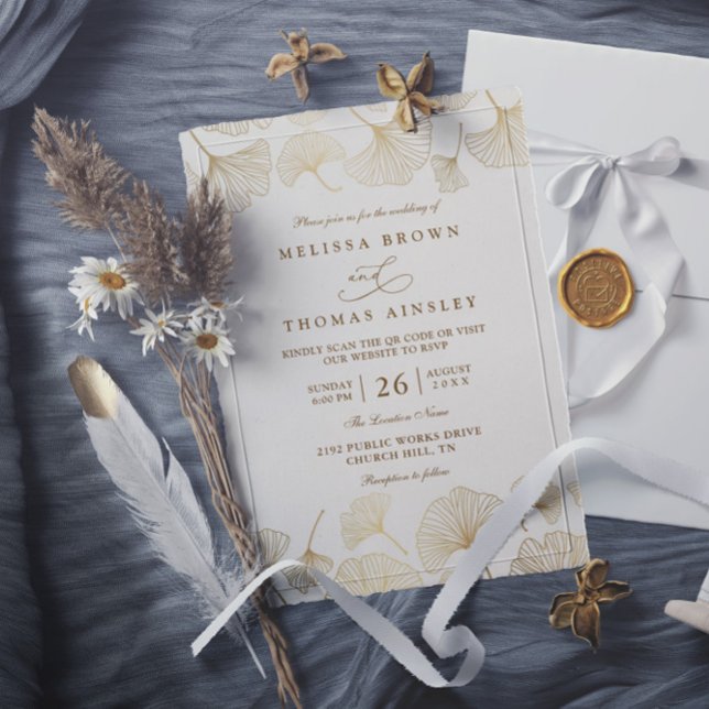 Convite Minimalist Ginkgo Reverie Gold QR Code Wedding (Criador carregado)