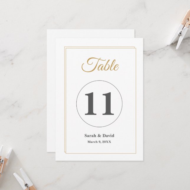 Convite Minimalist Gold Border Wedding Table Number Card (Frente/Verso In Situ)