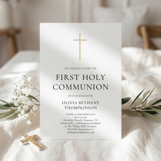 Convite Minimalist Gold Cross First Holy Communion (Criador carregado)