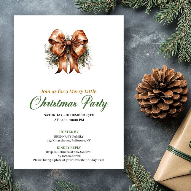 Convite Minimalist Green And Gold Christmas Bow Invite (Minimalist Green And Gold Christmas Tree Invite)