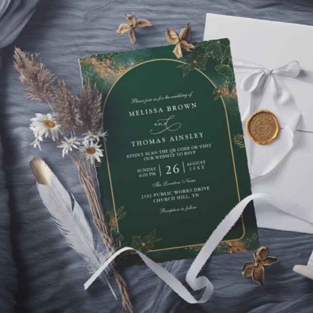 Convite Minimalist Green and Gold Modern QR Code Wedding (Criador carregado)