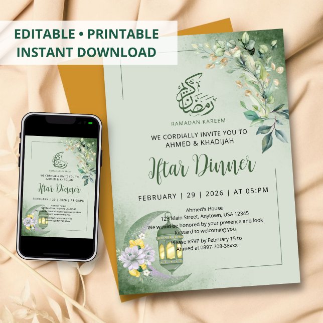 Convite Minimalist Greenery Moon Ramadan Iftar Dinner (Criador carregado)