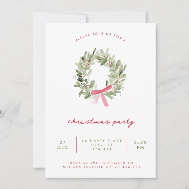 Convite Minimalist Greenery Wreath & Bow Christmas Party (Frente)