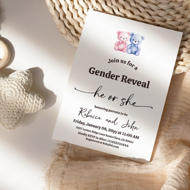 Convite Minimalist He or She Pink Blue Bear Gender Reveal (Criador carregado)