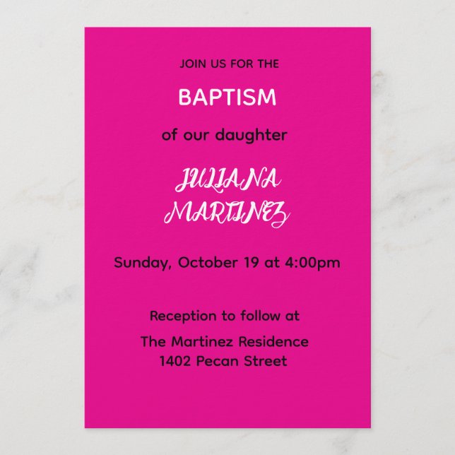 Convite Minimalist Hot Pink Baptism Invite (Frente)