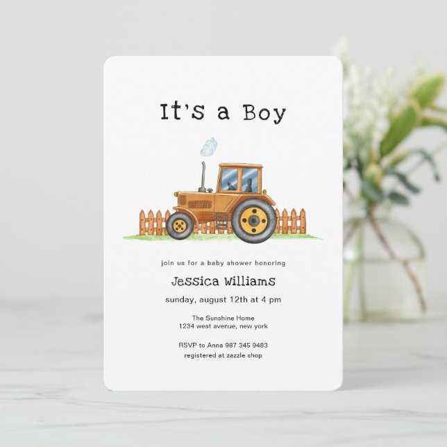 Convite Minimalist It's A Boy Framer Tractor Baby Shower  (Em pé/Frente)