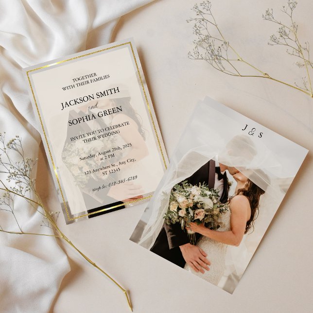 Convite Minimalist Ivory & Gold Border Wedding (Criador carregado)