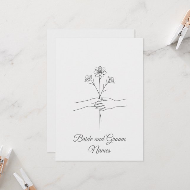 Convite Minimalist Line Art Hands holding Flowers Wedding  (Frente/Verso In Situ)