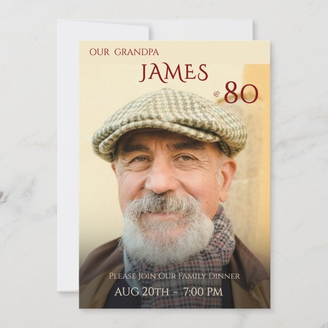 Convite Minimalist Male Family Photo 80th Birthday  (Frente)