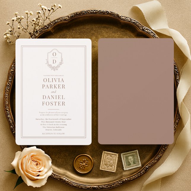 Convite Minimalist Mocha Brown Crest Wedding (Criador carregado)