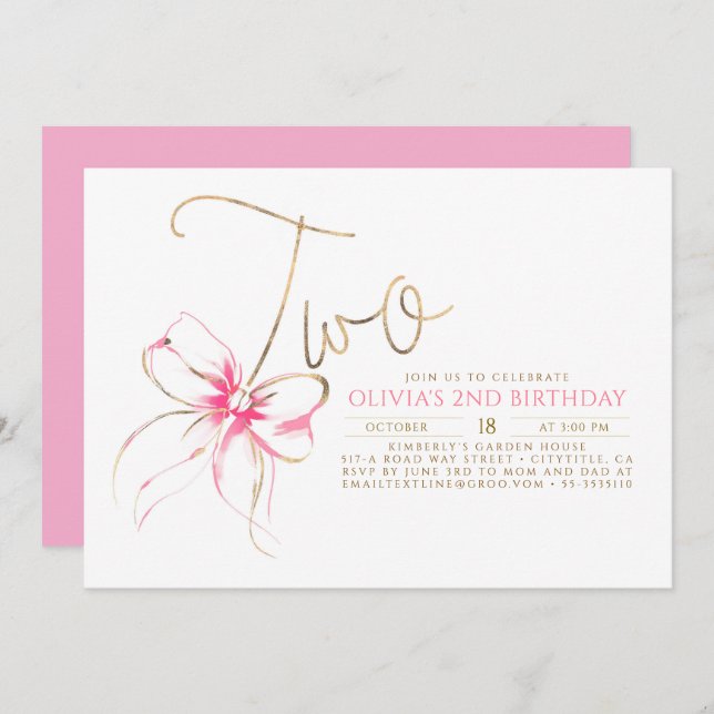Convite Minimalist Modern Elegant Pink Bow 2nd Birthday (Frente/Verso)