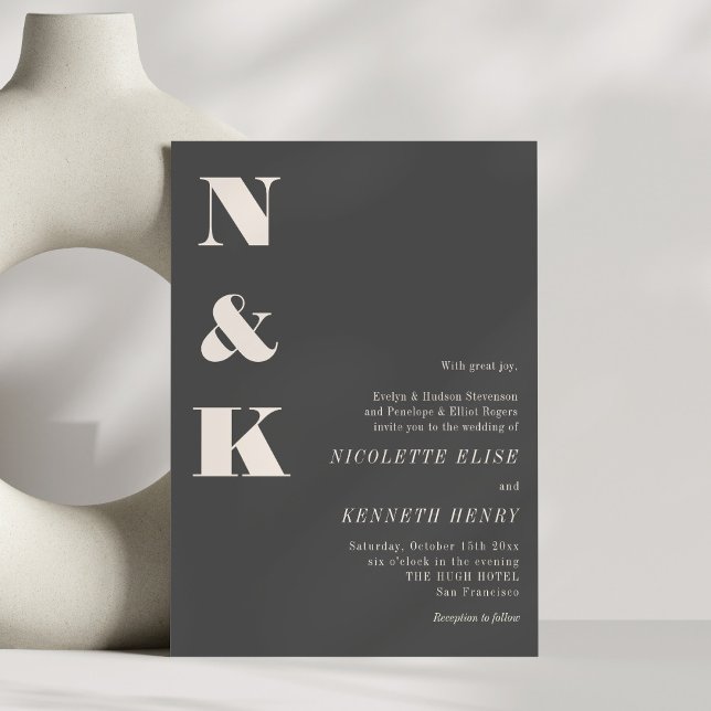 Convite Minimalist Modern Monogram Soft Black Bold Wedding (Criador carregado)
