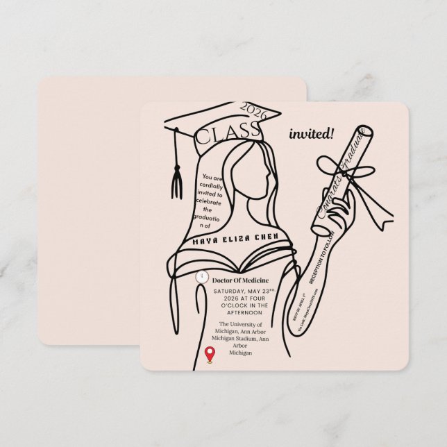 Convite Minimalist Navy Graduation Invitation | (Frente/Verso)