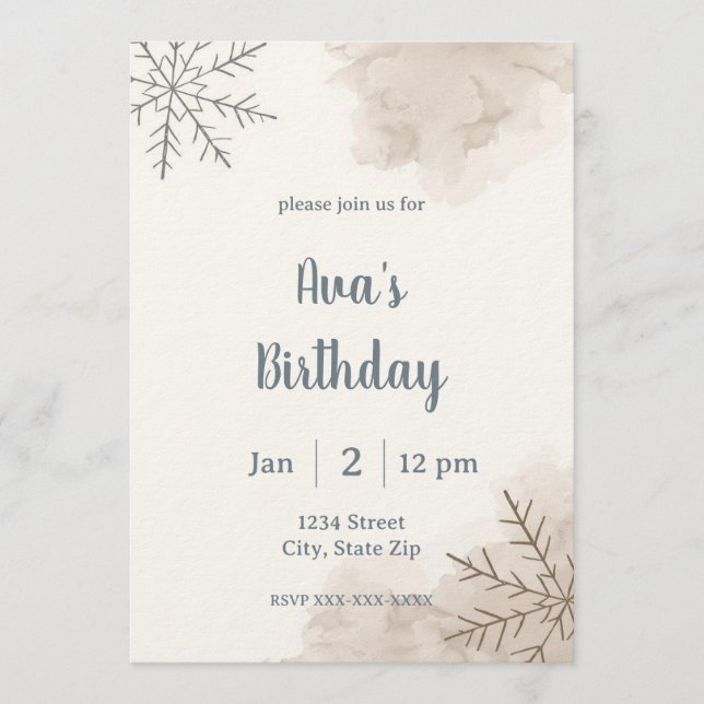 Convite Minimalist Neutral Winter Birthday Invitation (Frente)