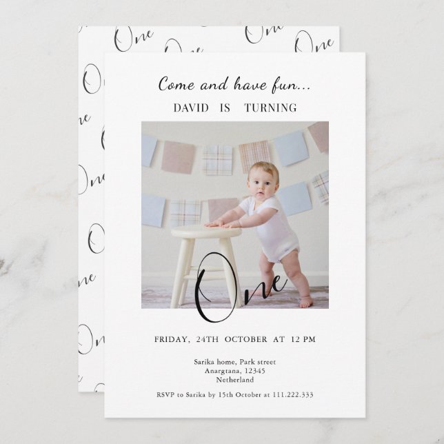 Convite Minimalist One  Custom Photo First Birthday (Frente/Verso)