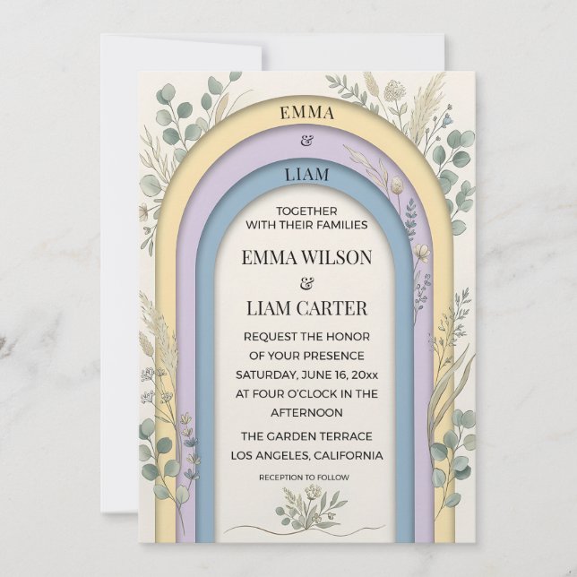 Convite Minimalist Pastel Arch Frame Botanical Wedding (Frente)