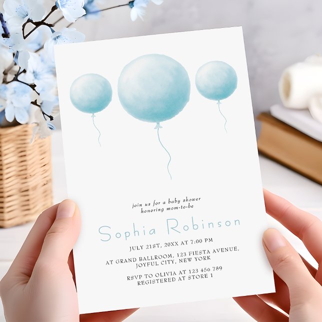 Convite Minimalist Pastel Blue Balloons Baby Boy Shower (Criador carregado)