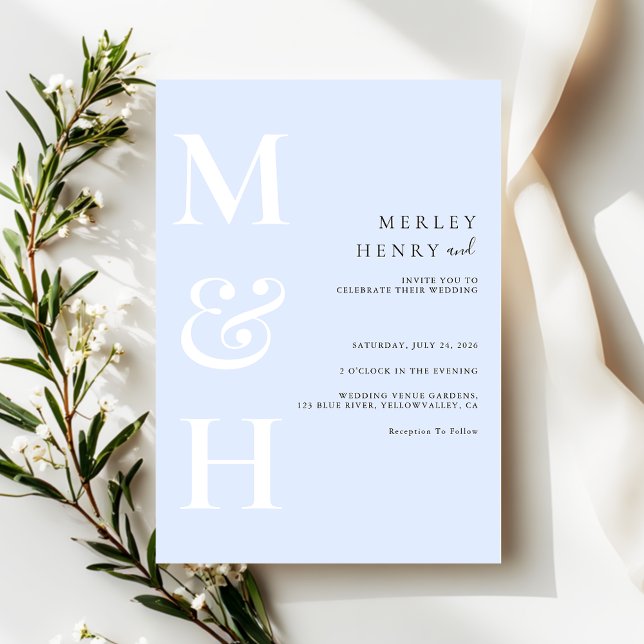 Convite Minimalist Pastel Blue White Monogram Wedding (Criador carregado)
