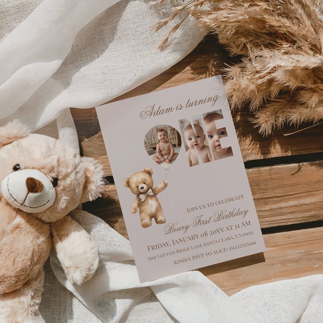 Convite Minimalist Photo Bear Neutral Beary First Birthday (Criador carregado)