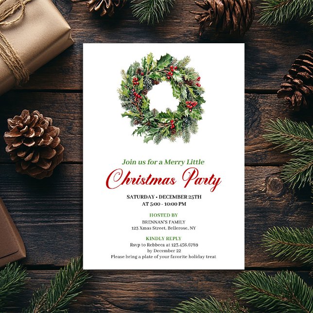 Convite Minimalist Pine Wreath Christmas Party Card (Minimalist Pine Wreath Christmas Party Card)