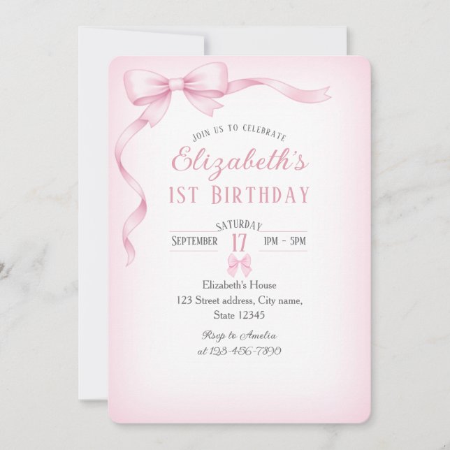Convite Minimalist Pink Bow First Birthday Invitation (Frente)