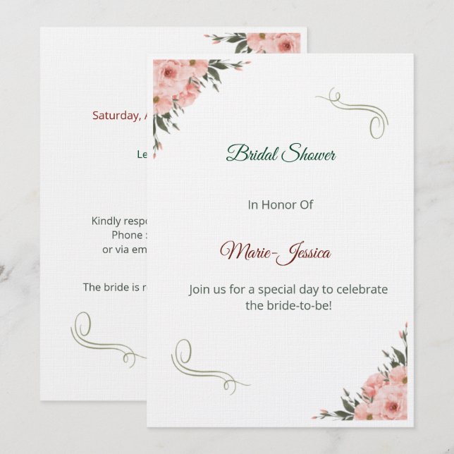 Convite Minimalist Pink Floral Bridal Shower Invitation,  (Frente/Verso)