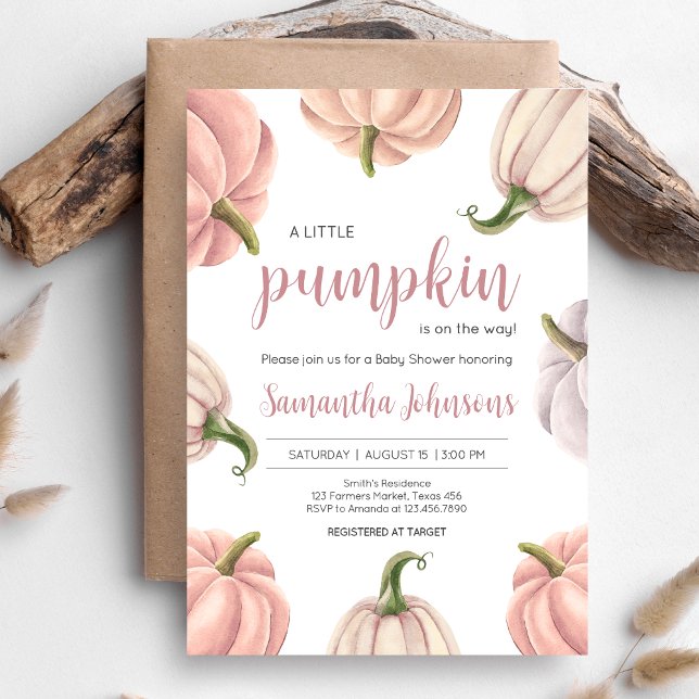Convite Minimalist Pink Pumpkin Fall Baby Shower (Pink Pumpkin Baby Shower Invitation )