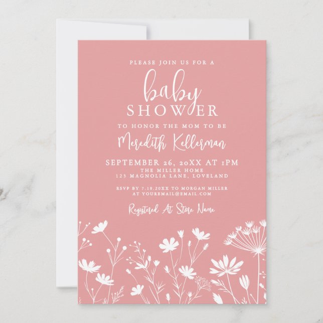 Convite Minimalist Pink Wildflower Baby Shower (Frente)