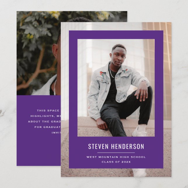 Convite Minimalist Purple Frame Graduation Announcement (Frente/Verso)