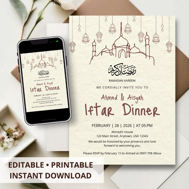 Convite Minimalist Ramadan Kareem Iftar Dinner Invitation (Criador carregado)