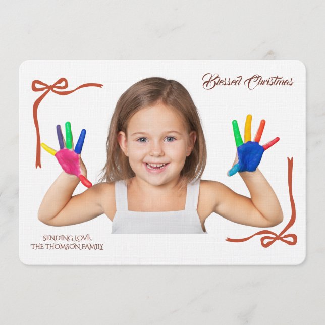 Convite Minimalist Red Bows Blessing Christmas Handwriting (Frente)