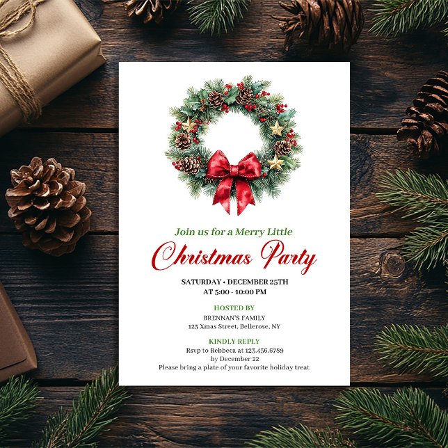 Convite Minimalist Red Green Christmas Wreath Party Card (Minimalist Red Green Christmas Wreath Party Card)