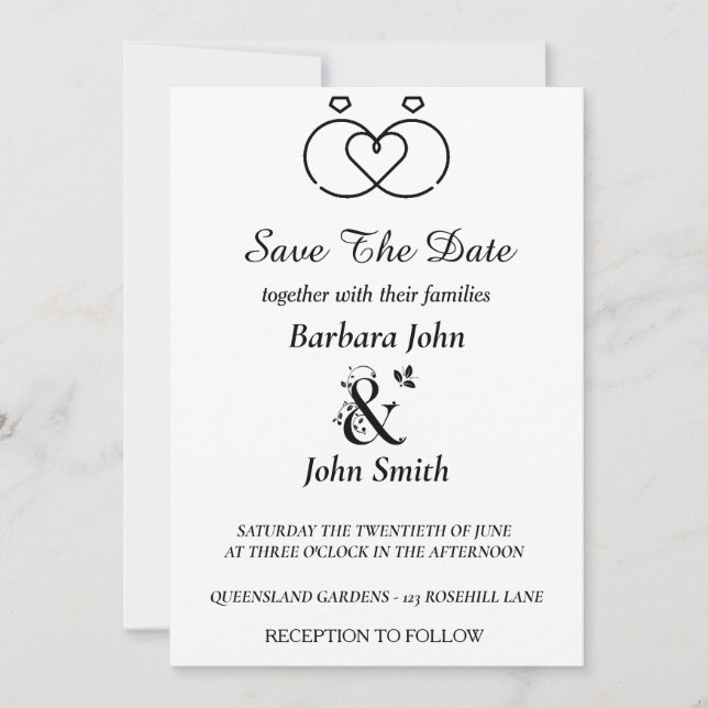 Convite Minimalist Rings Heart Wedding Save The Date  (Frente)