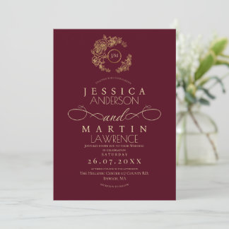 Convite Minimalist Romantic Script Burgundy Gold Wedding 
