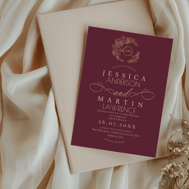 Convite Minimalist Romantic Script Burgundy Gold Wedding  (Criador carregado)