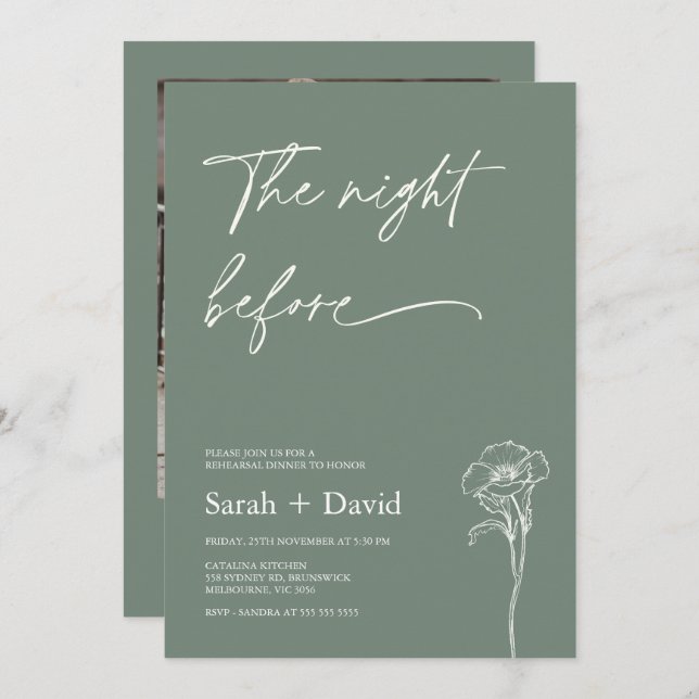 Convite Minimalist Sage Photo Floral Rehearsal Dinner  (Frente/Verso)
