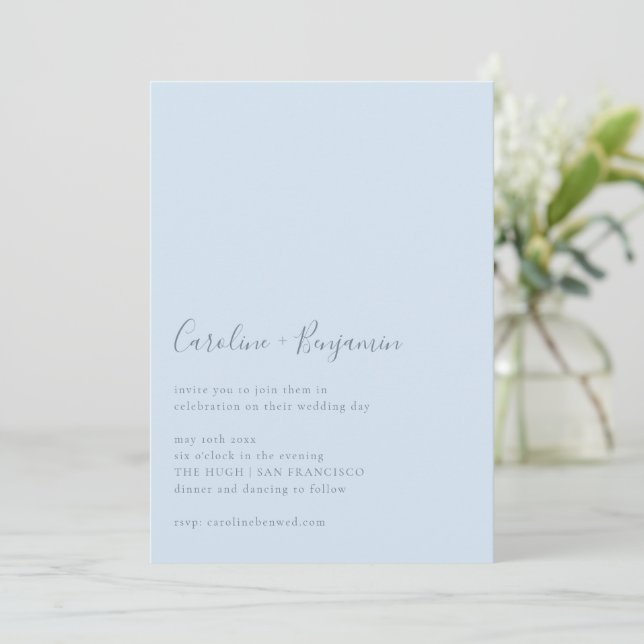 Convite Minimalist Script Modern Simple Soft Blue Wedding (Em pé/Frente)