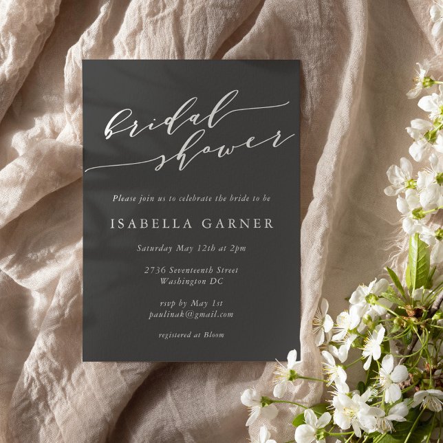 Convite Minimalist Script Soft Black White Bridal Shower (Criador carregado)