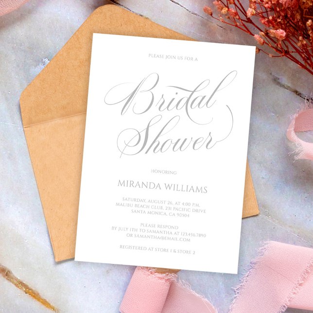 Convite Minimalist Silver Handwritten Script Bridal Shower (Criador carregado)
