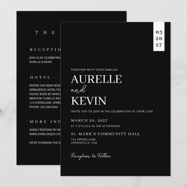 Convite Minimalist Simple Elegant Black QR Code Wedding (Frente/Verso)