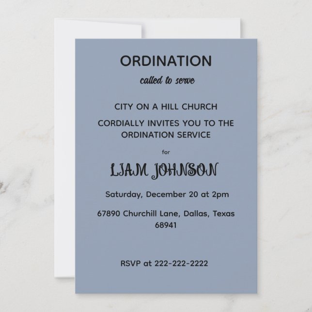 Convite Minimalist Slate Blue Ordination Invitation (Frente)