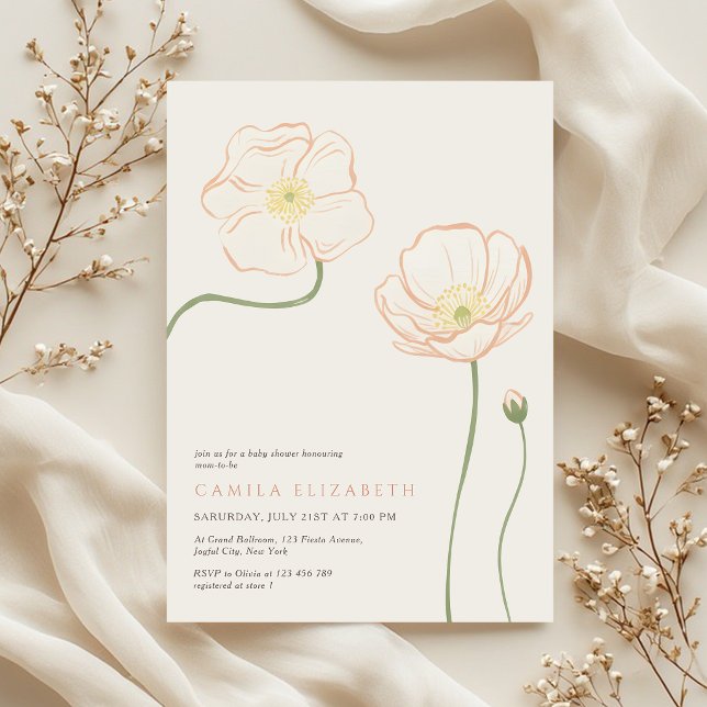 Convite Minimalist Soft Peach Poppy Wildflower Baby Shower (Criador carregado)