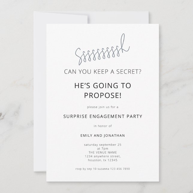 Convite Minimalist Surprise Black White Engagement Party (Frente)