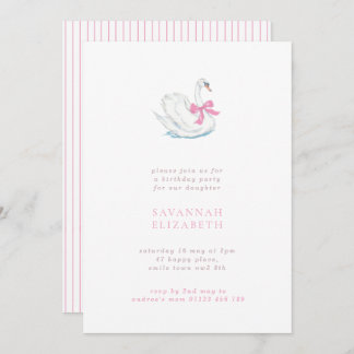Convite Minimalist Swan and Pink Bow Girls Birthday Party