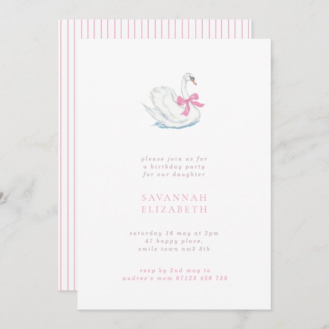 Convite Minimalist Swan and Pink Bow Girls Birthday Party (Frente/Verso)