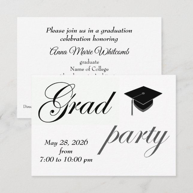 Convite Minimalist Text College Graduation Party  (Frente/Verso)